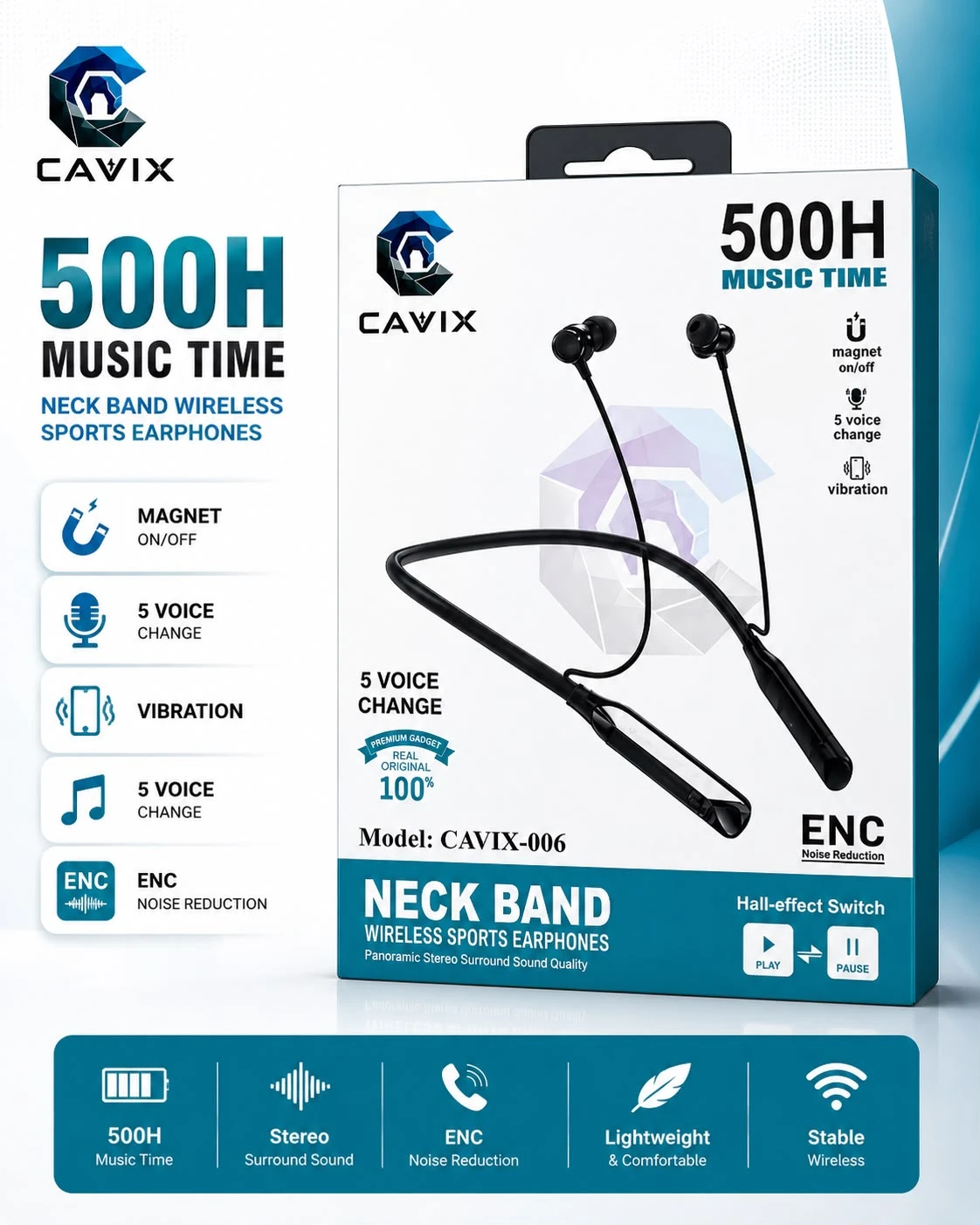 CAVIX 006 Neckband Bluetooth Earphone  500 Hours Music