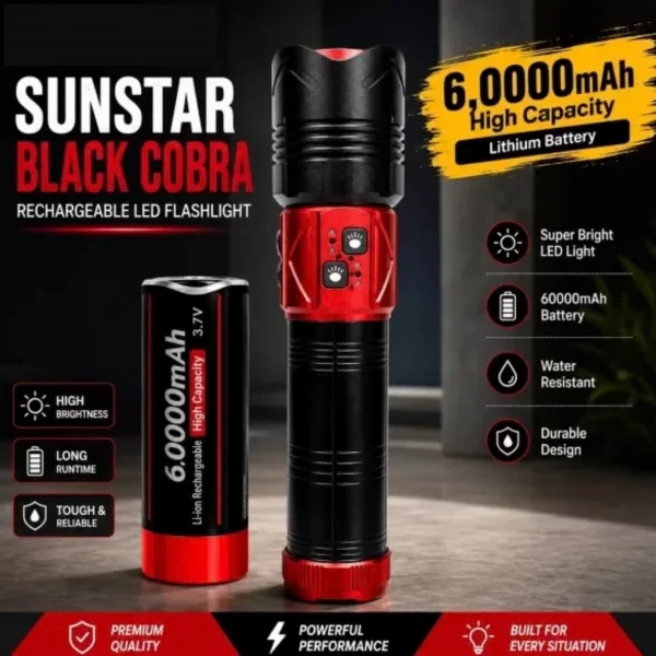 Black Cobra 60000mAh Super Bright Rechargeable LED Torch Light with USB Type C Charging