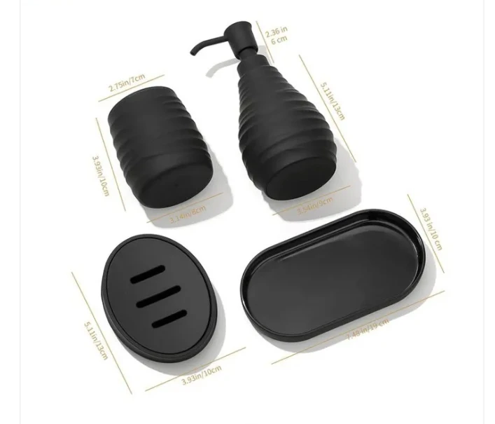 4-Piece Modern Matte Black Bathroom Accessories Set with Soap Dispenser & Tray