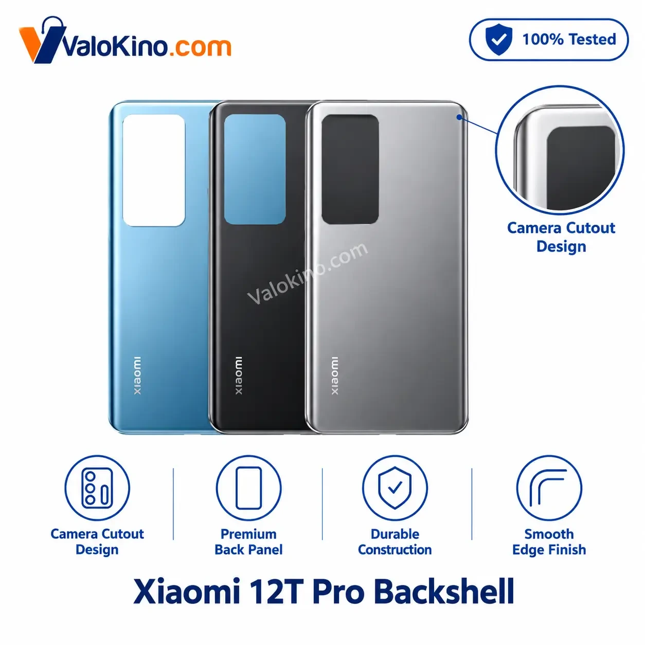 Xiaomi 12T Pro Backshell replacement rear panel in blue, black, and silver