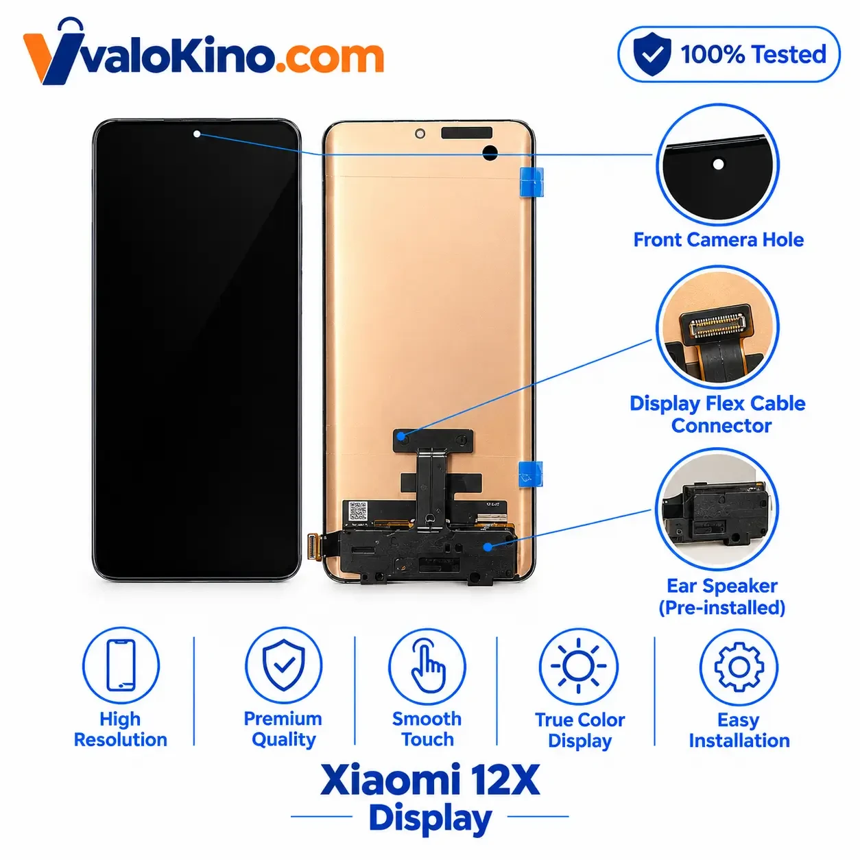 Xiaomi 12X Display front and back view with flex cable and camera hole