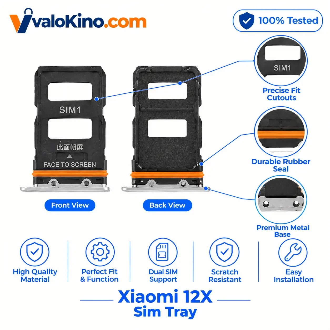 Xiaomi 12x Sim tray front and back view with rubber seal and metal base