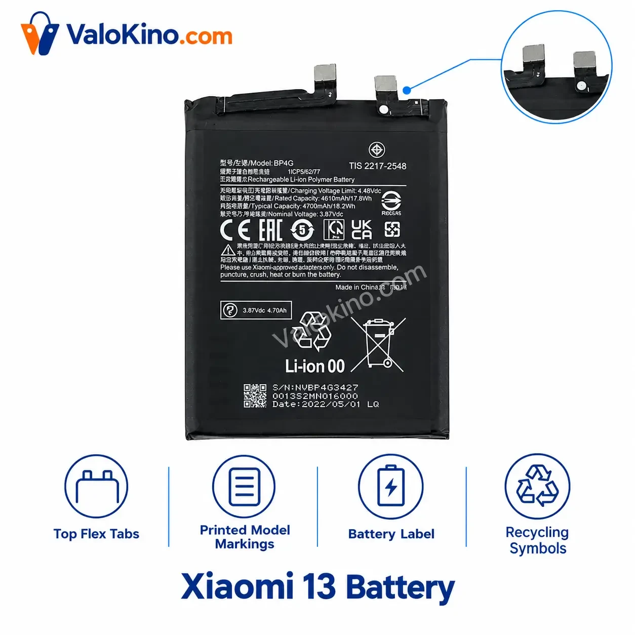 Xiaomi 13 Battery BP4G replacement part showing model markings and connector tabs