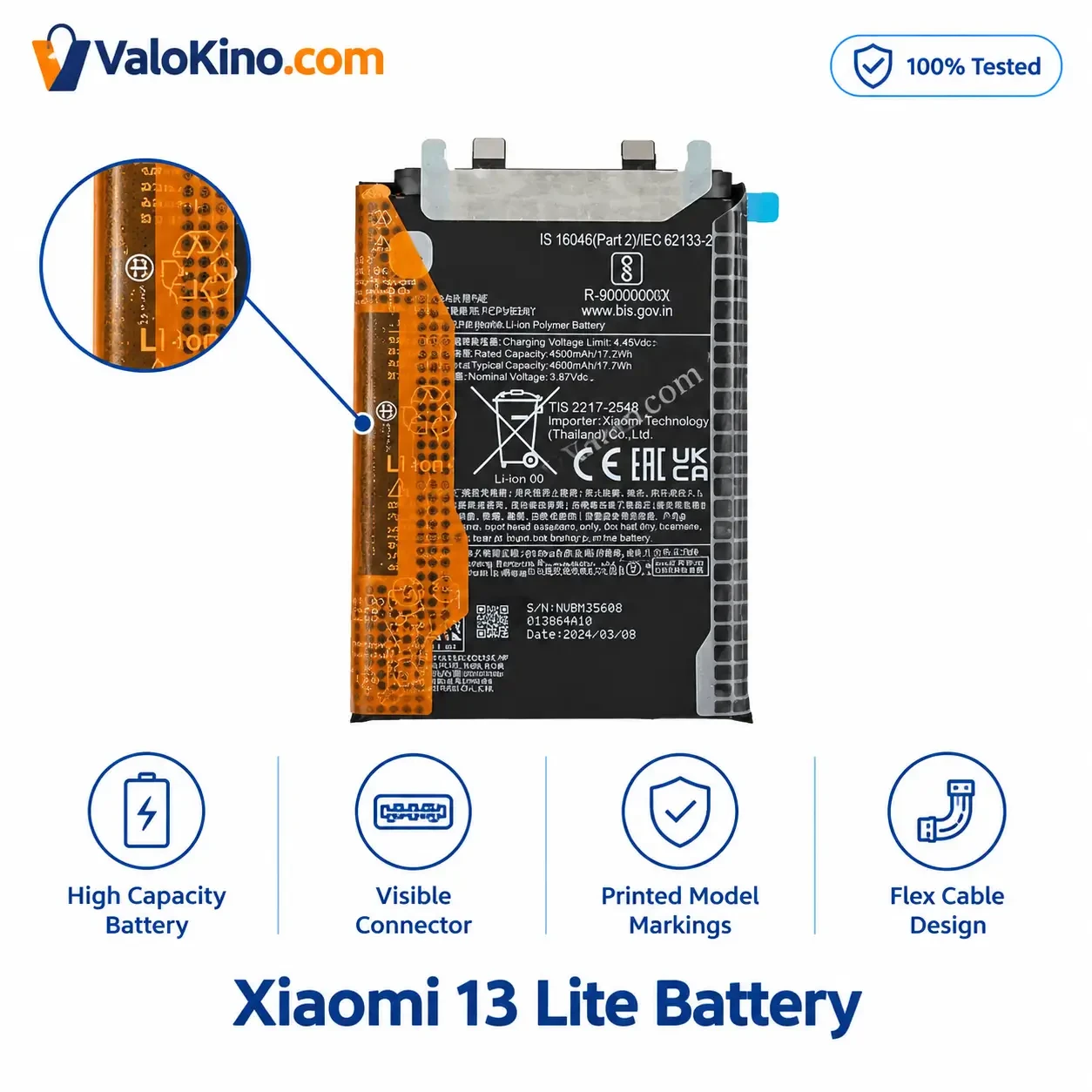 Xiaomi 13 Lite Battery front view showing 4600mAh capacity and connector cable