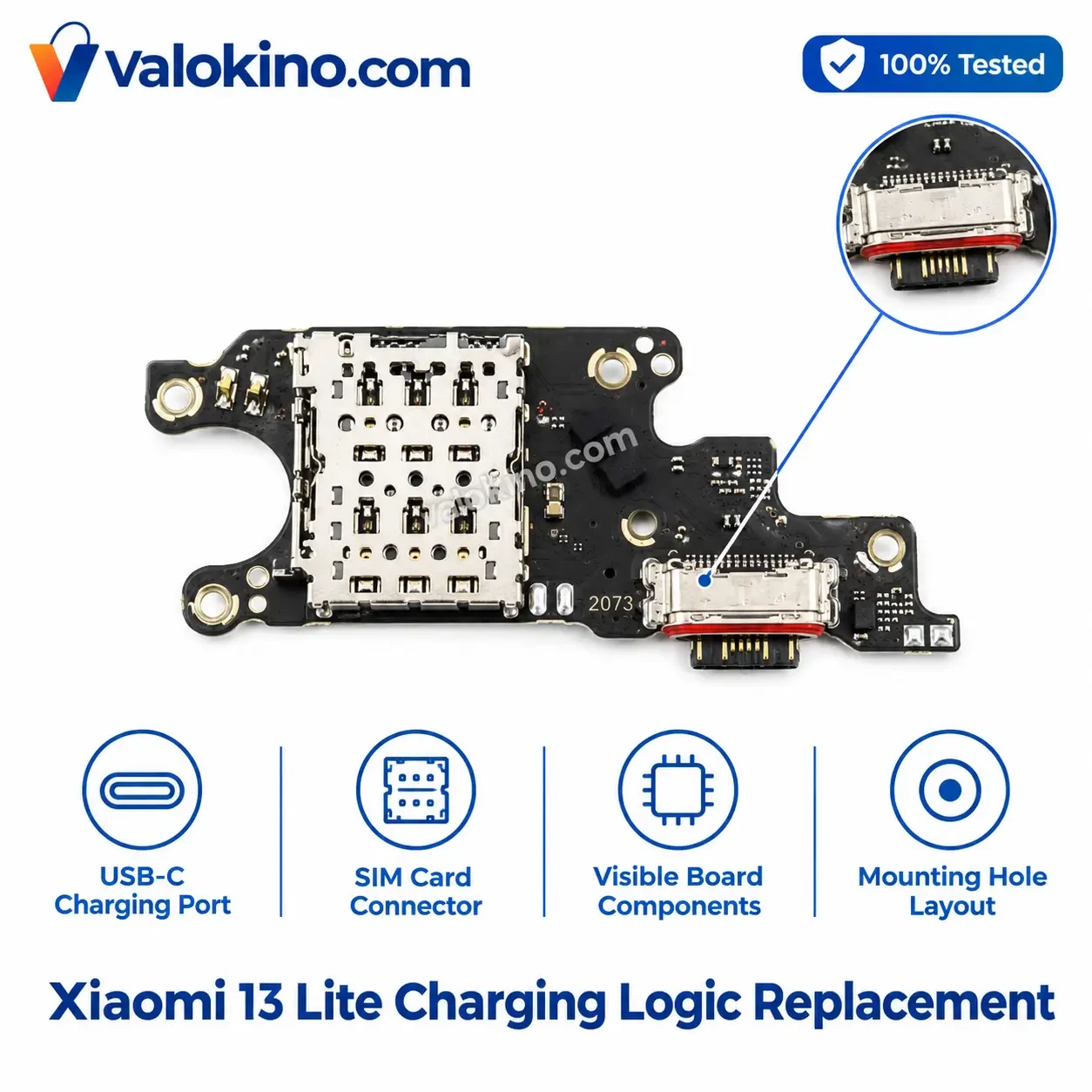 Xiaomi 13 Lite Charging Logic Replacement showing USB-C port, SIM card connector, and circuit layout