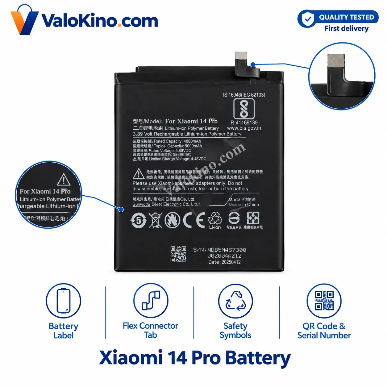 Xiaomi 14 Pro Battery front label showing 5000mAh typical capacity and flex connector