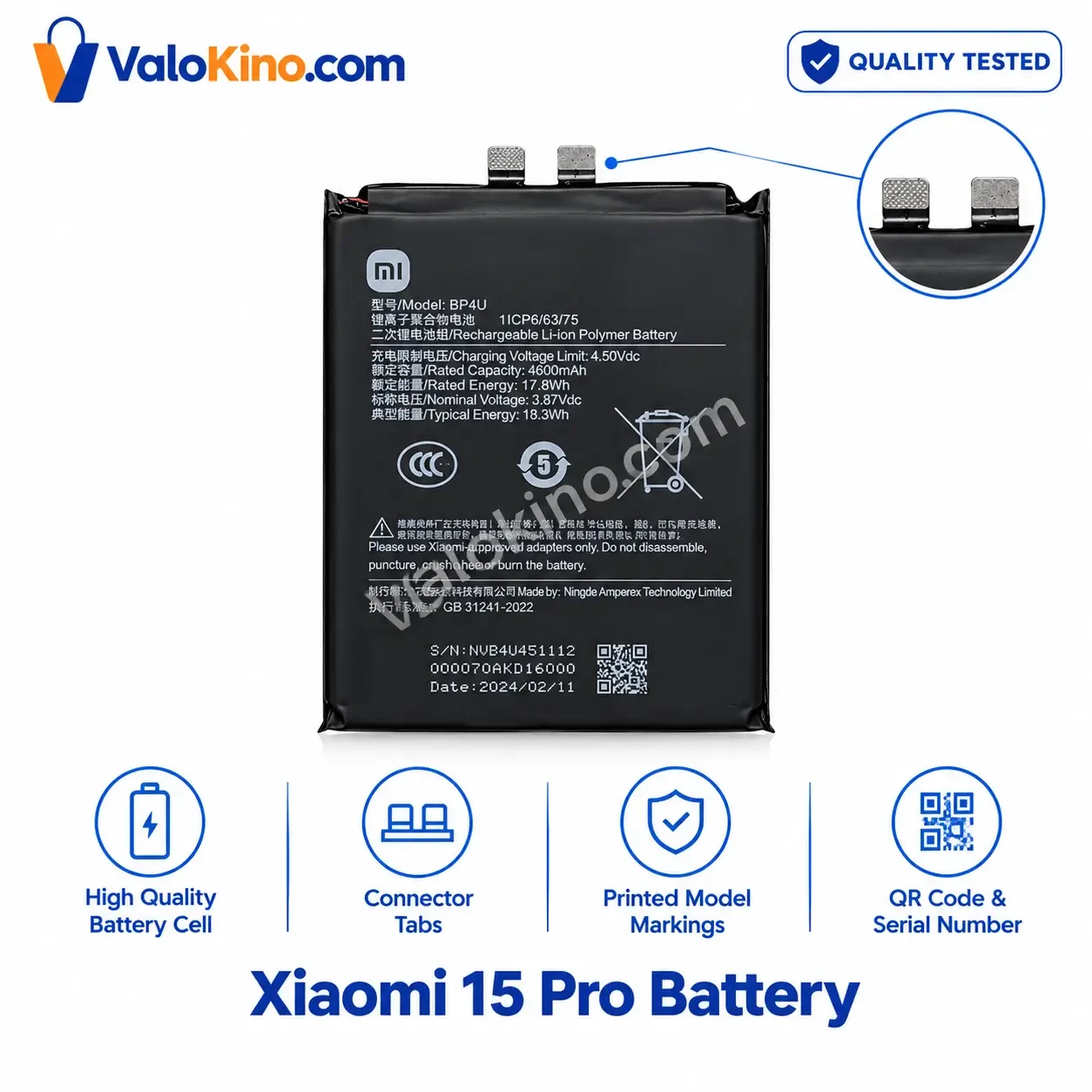 Xiaomi 15 Pro Battery front view showing BP4U model and technical specifications